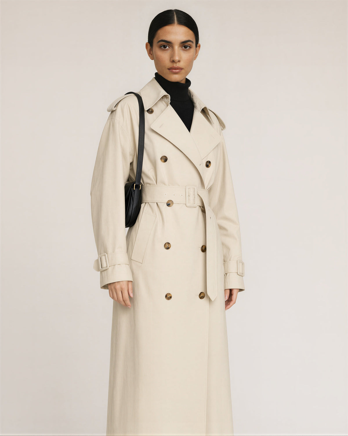 Lorenza Oversized Double Breasted Belted Long Trench Coat, stone beige, three quarter view