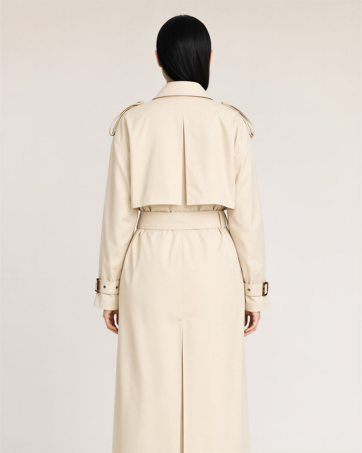 Lorenza Oversized Double Breasted Belted Long Trench Coat, stone beige, back view