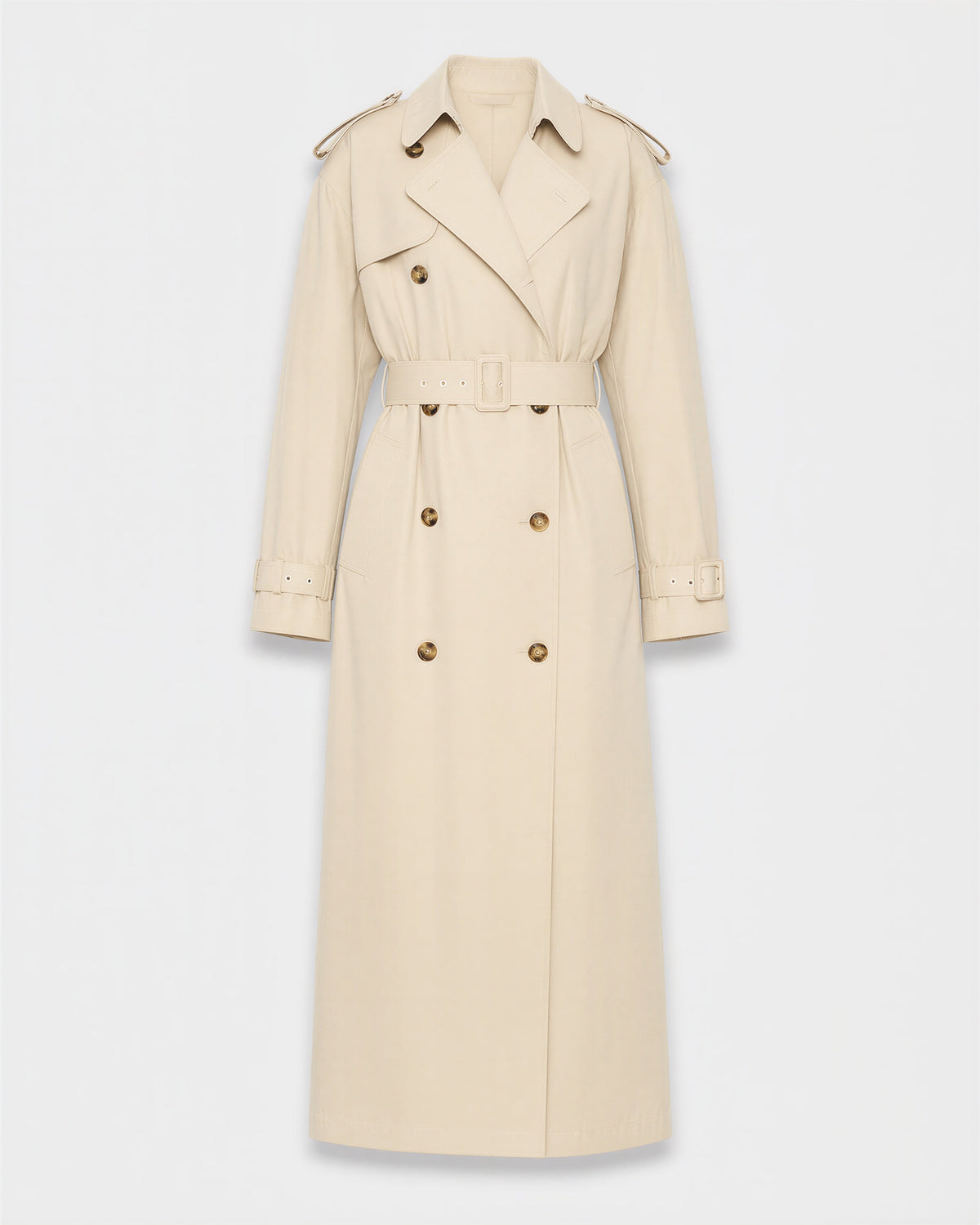 Lorenza Oversized Double Breasted Belted Long Trench Coat, stone beige, product view without a model