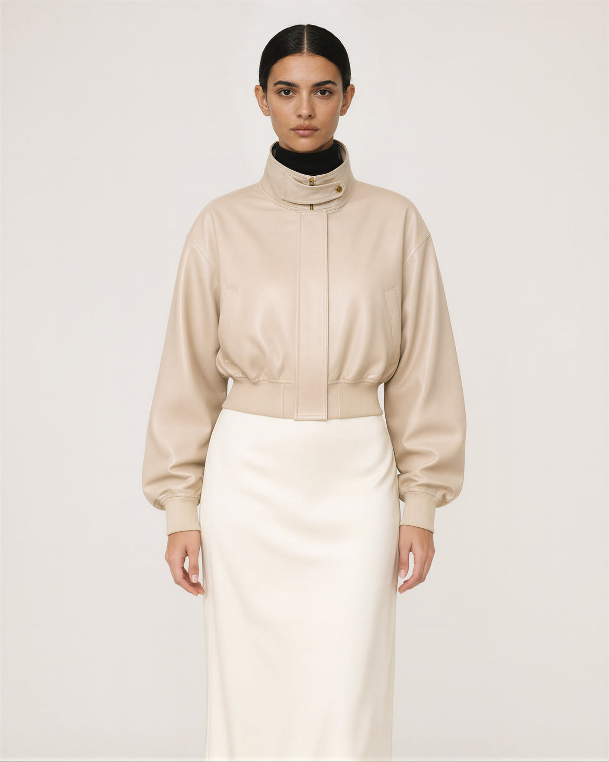 Loretta Stand Collar Faux Leather Cropped Bomber Jacket, sand beige, front view