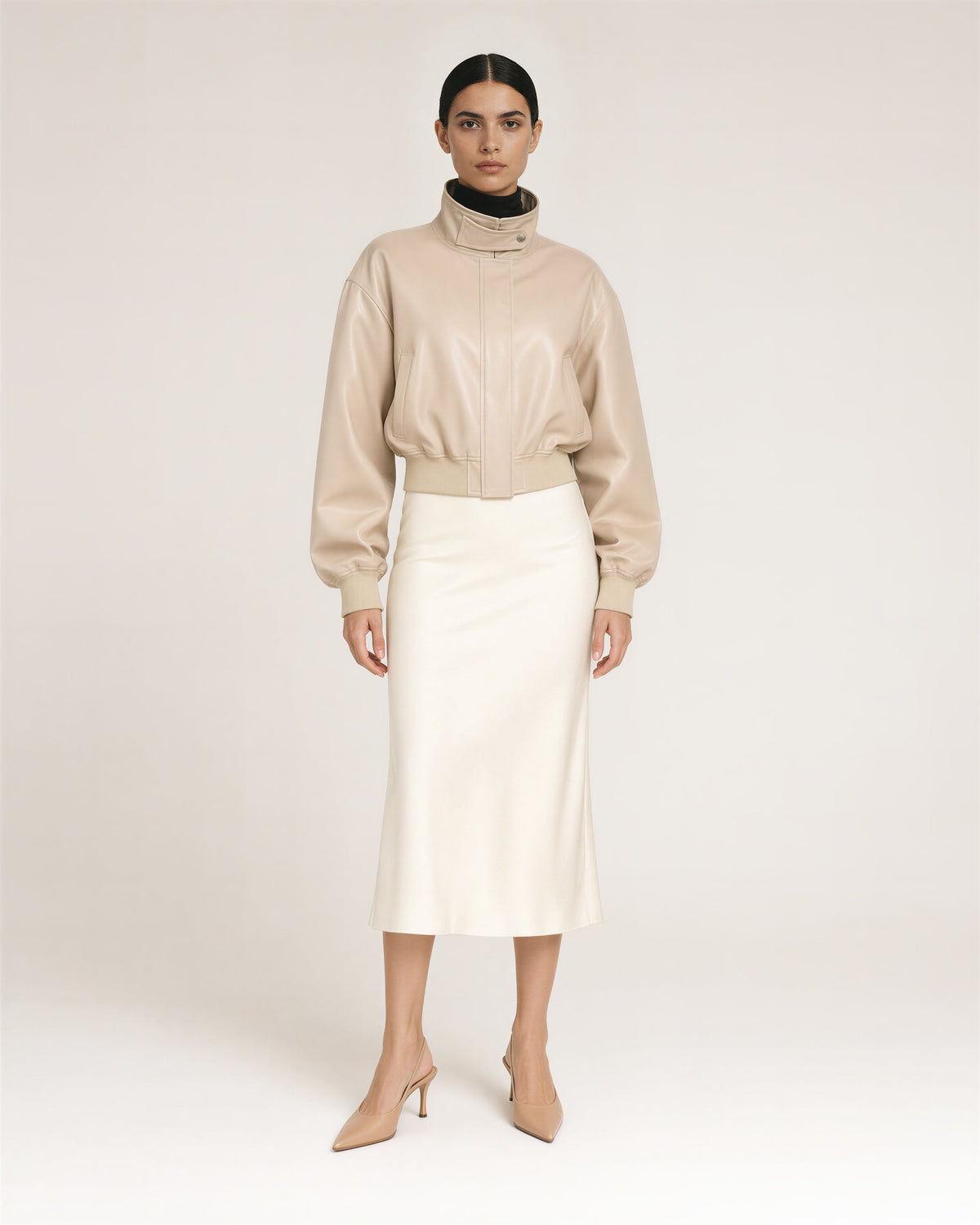 Loretta Stand Collar Faux Leather Cropped Bomber Jacket, sand beige, full length front view