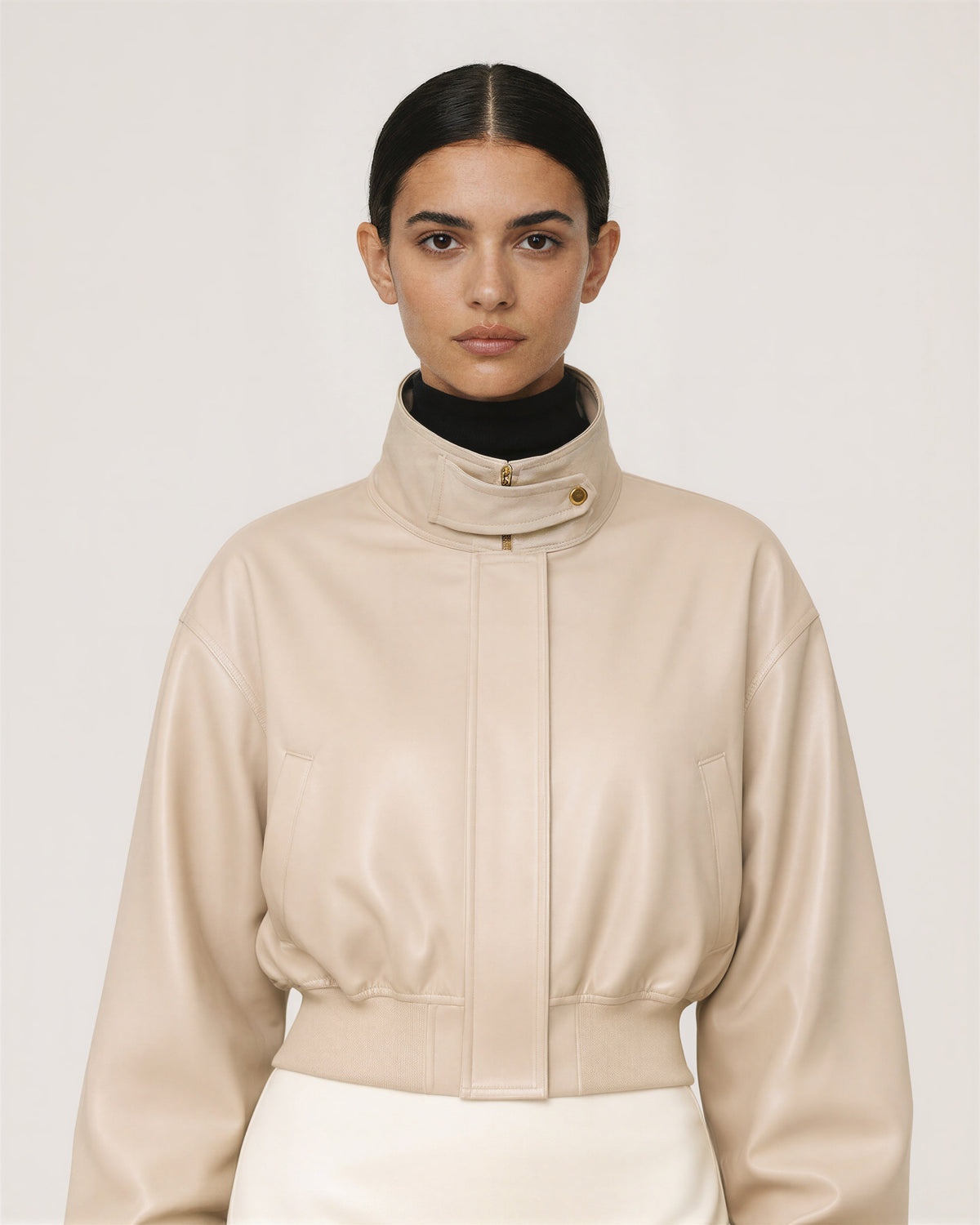 Loretta Stand Collar Faux Leather Cropped Bomber Jacket, sand beige, close up above the waist