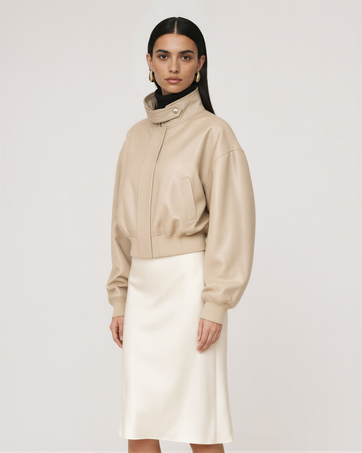 Loretta Stand Collar Faux Leather Cropped Bomber Jacket, sand beige, three quarter view