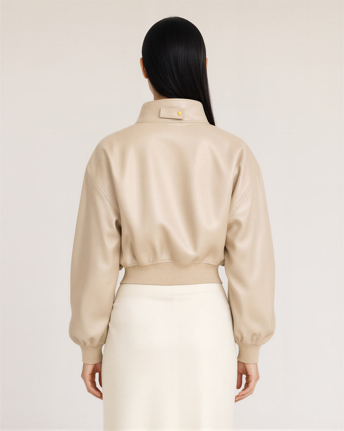 Loretta Stand Collar Faux Leather Cropped Bomber Jacket, sand beige, back view