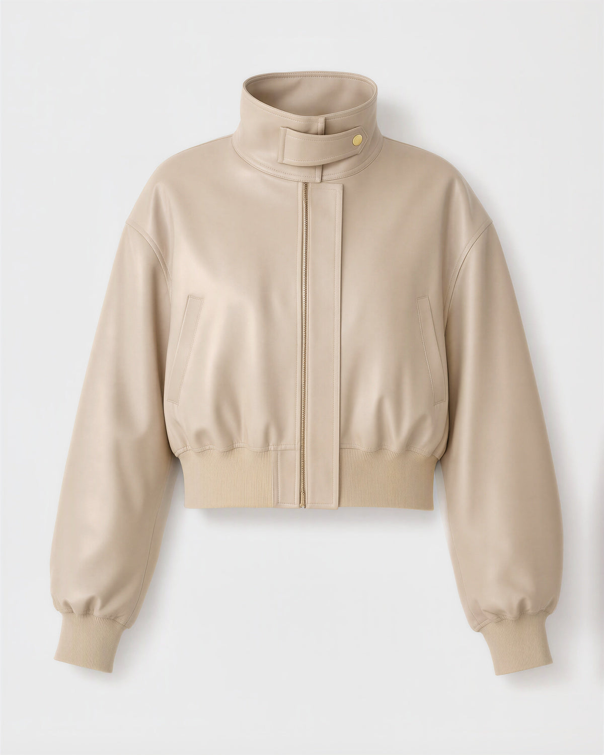 Loretta Stand Collar Faux Leather Cropped Bomber Jacket, sand beige, product view without a model