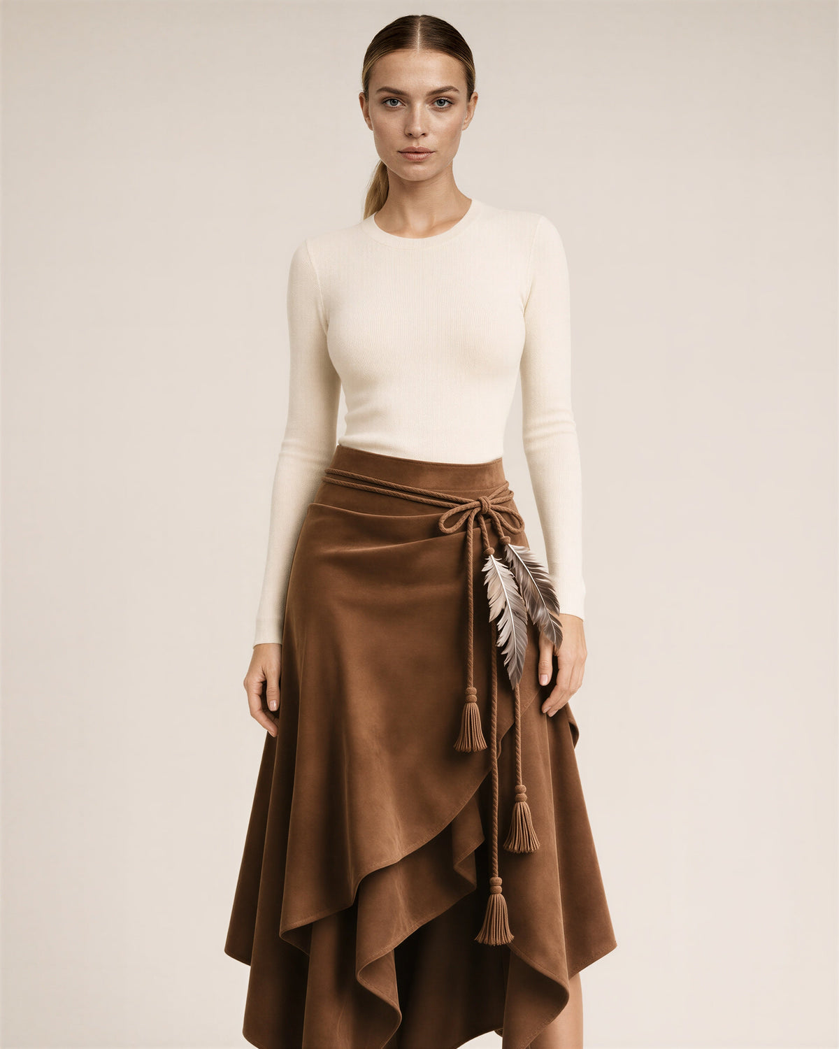 Luana Cord Belt Faux Suede Asymmetric Midi Skirt, tan brown, front view