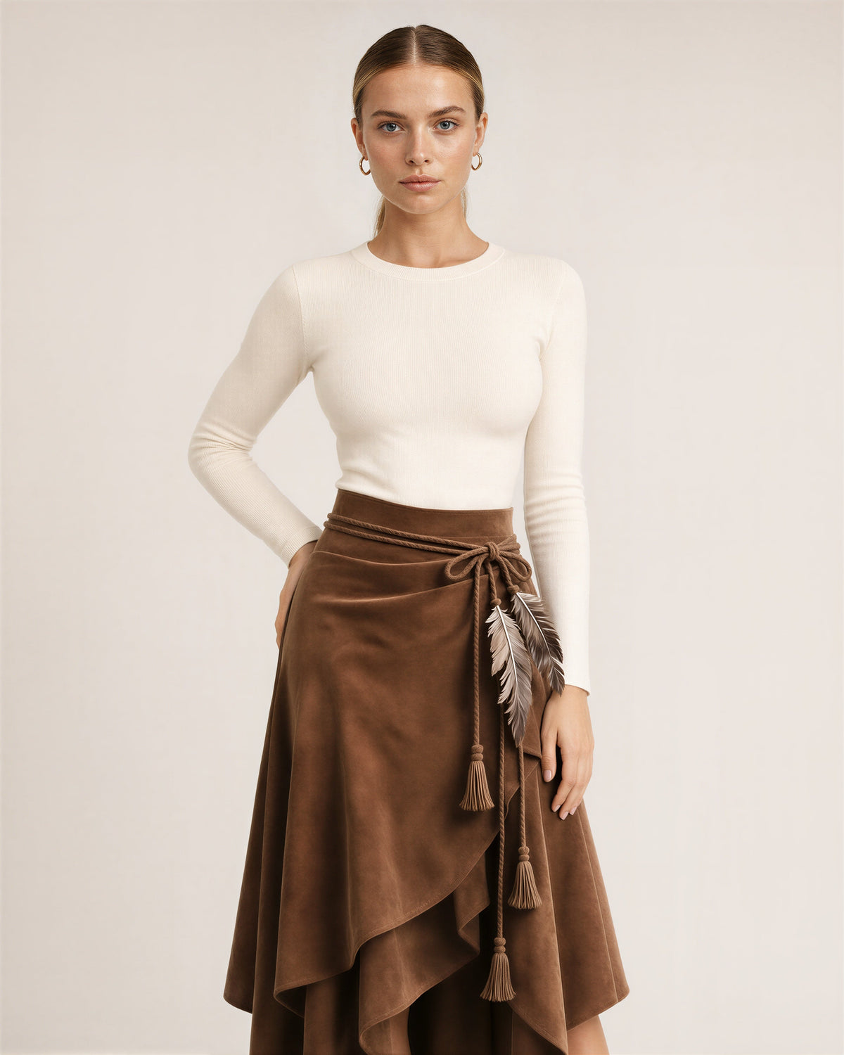 Luana Cord Belt Faux Suede Asymmetric Midi Skirt, tan brown, front, hands on the waist
