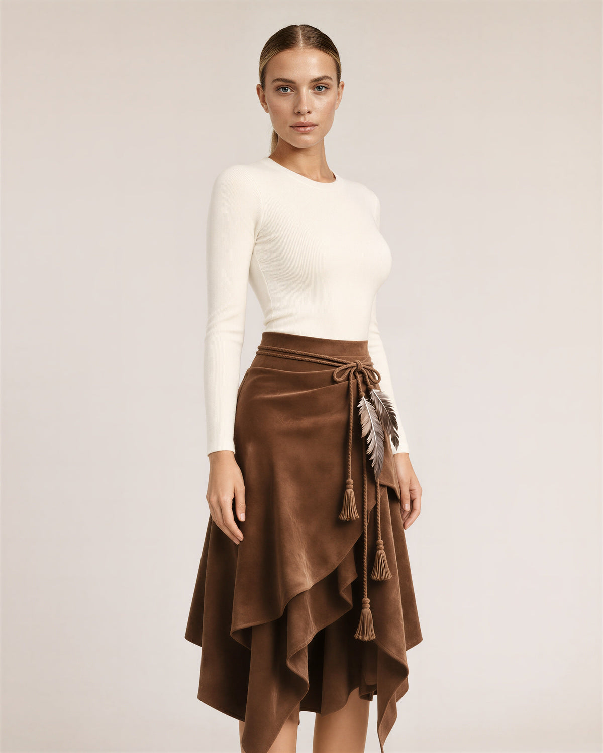 Luana Cord Belt Faux Suede Asymmetric Midi Skirt, tan brown, three quarter view