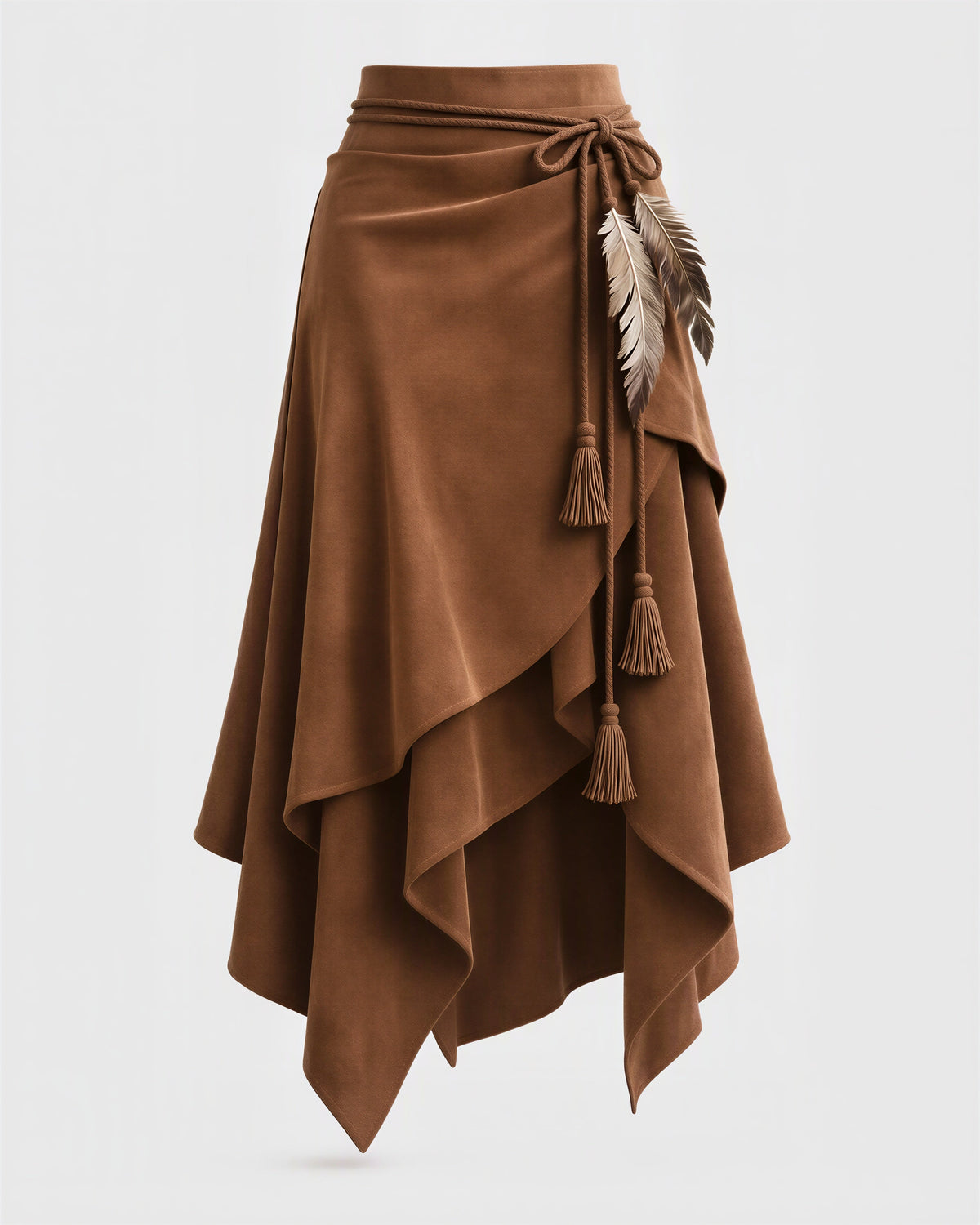 Luana Cord Belt Faux Suede Asymmetric Midi Skirt, tan brown, product view without a model