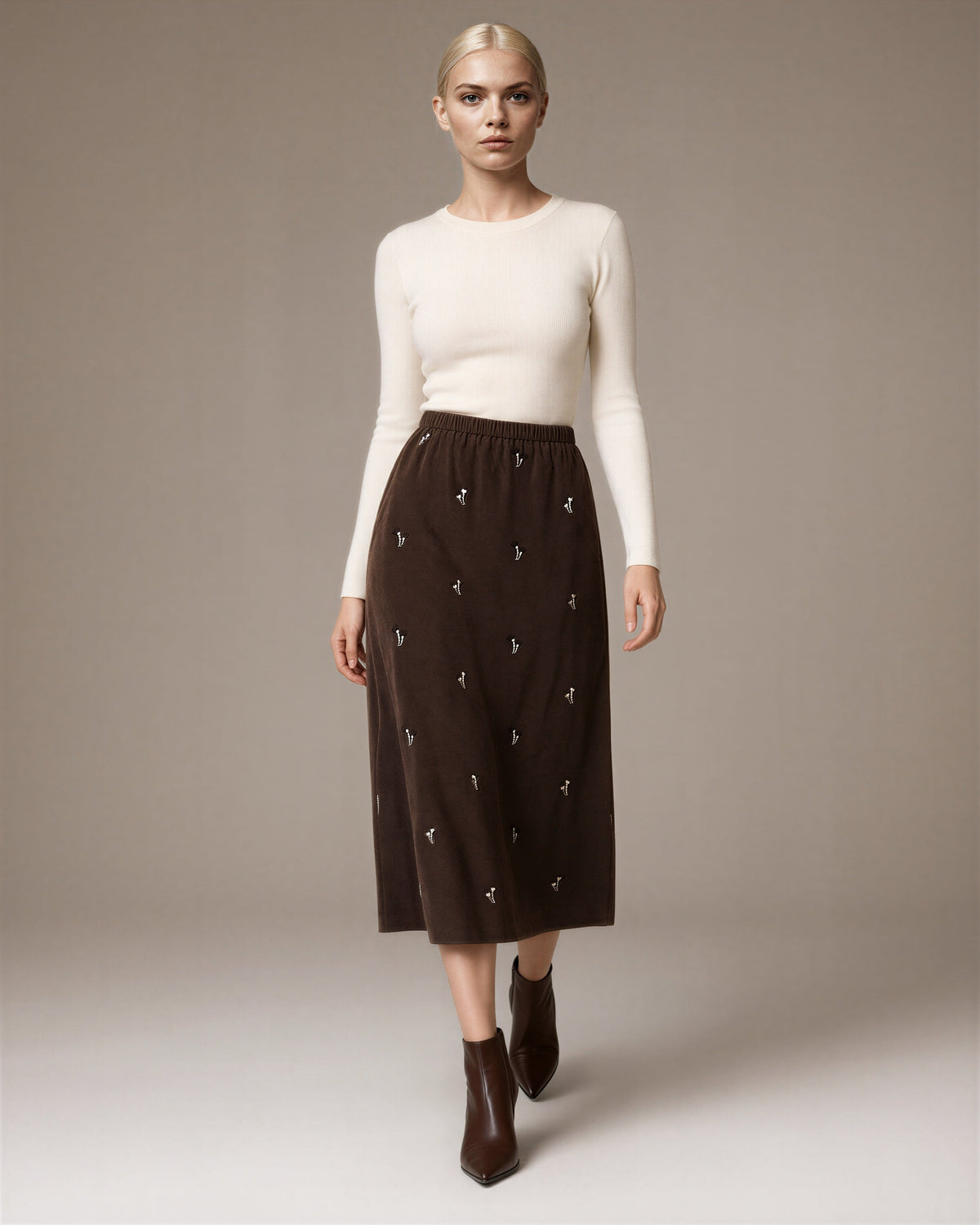Lucia Floral Embroidered Faux Suede Midi Skirt, brown, full length walking view