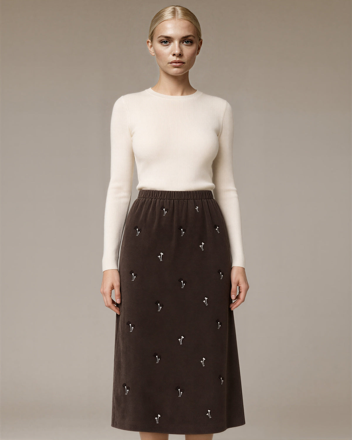 Lucia Floral Embroidered Faux Suede Midi Skirt, brown, front view