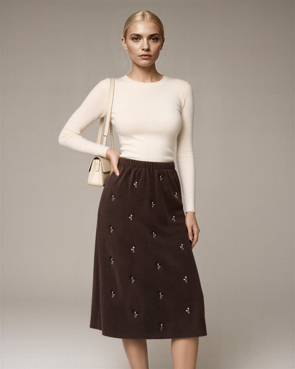 Lucia Floral Embroidered Faux Suede Midi Skirt, brown, front, hands on the waist