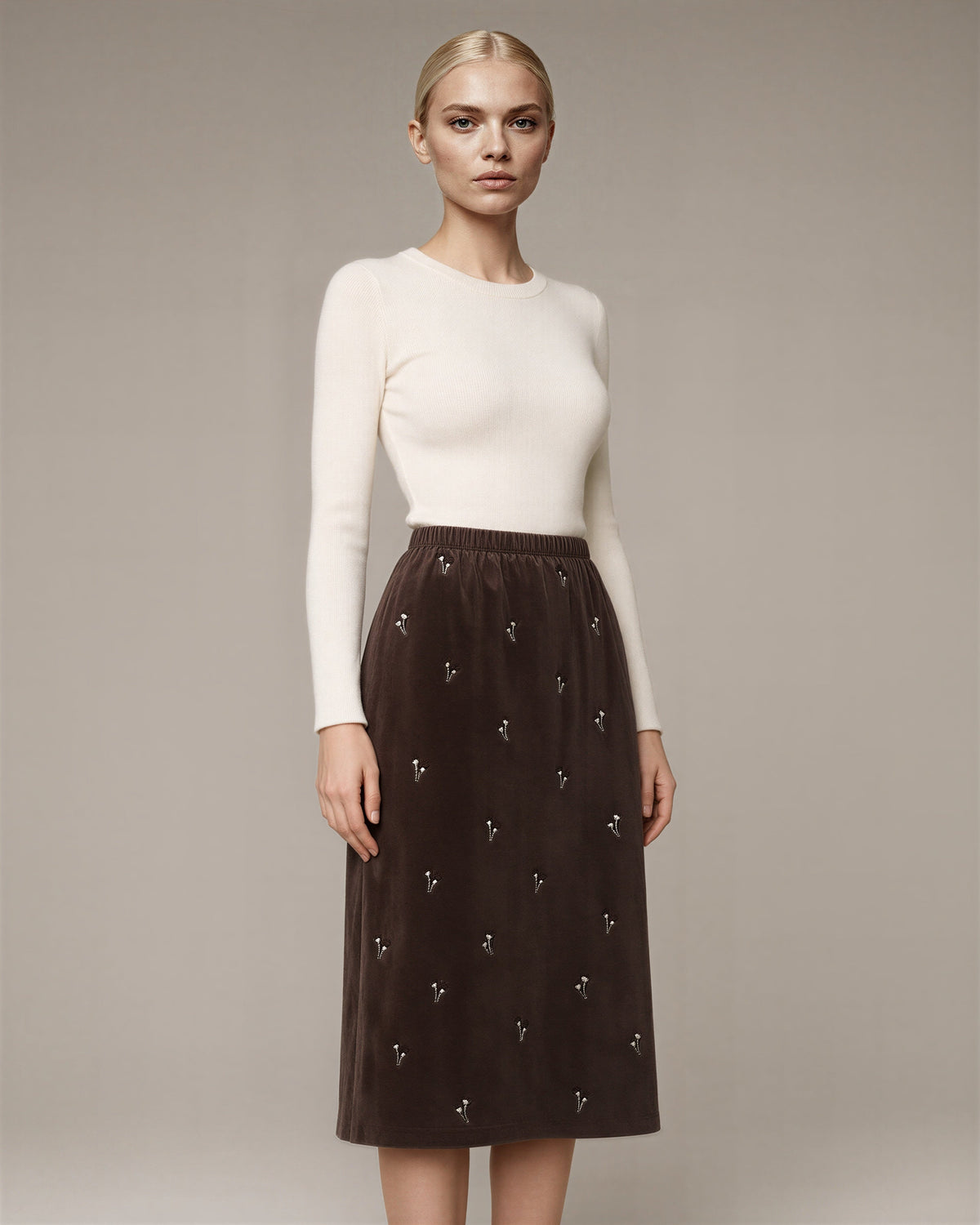 Lucia Floral Embroidered Faux Suede Midi Skirt, brown, three quarter view