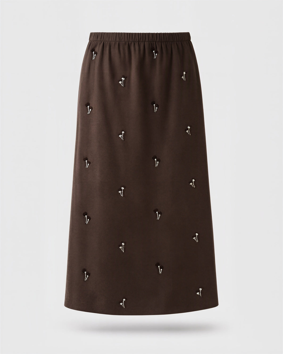 Lucia Floral Embroidered Faux Suede Midi Skirt, brown, product view without a model