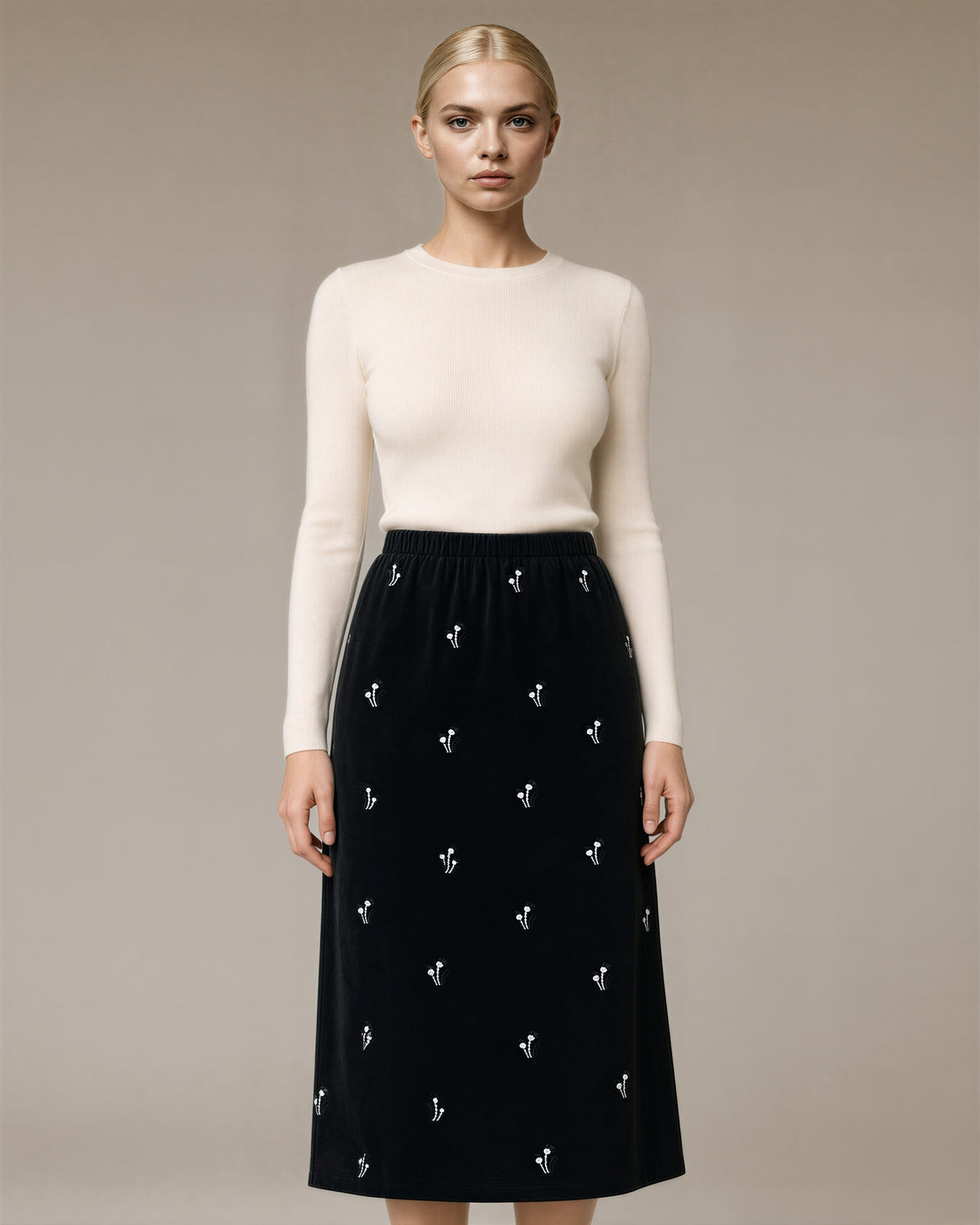 Lucia Floral Embroidered Faux Suede Midi Skirt, black color option