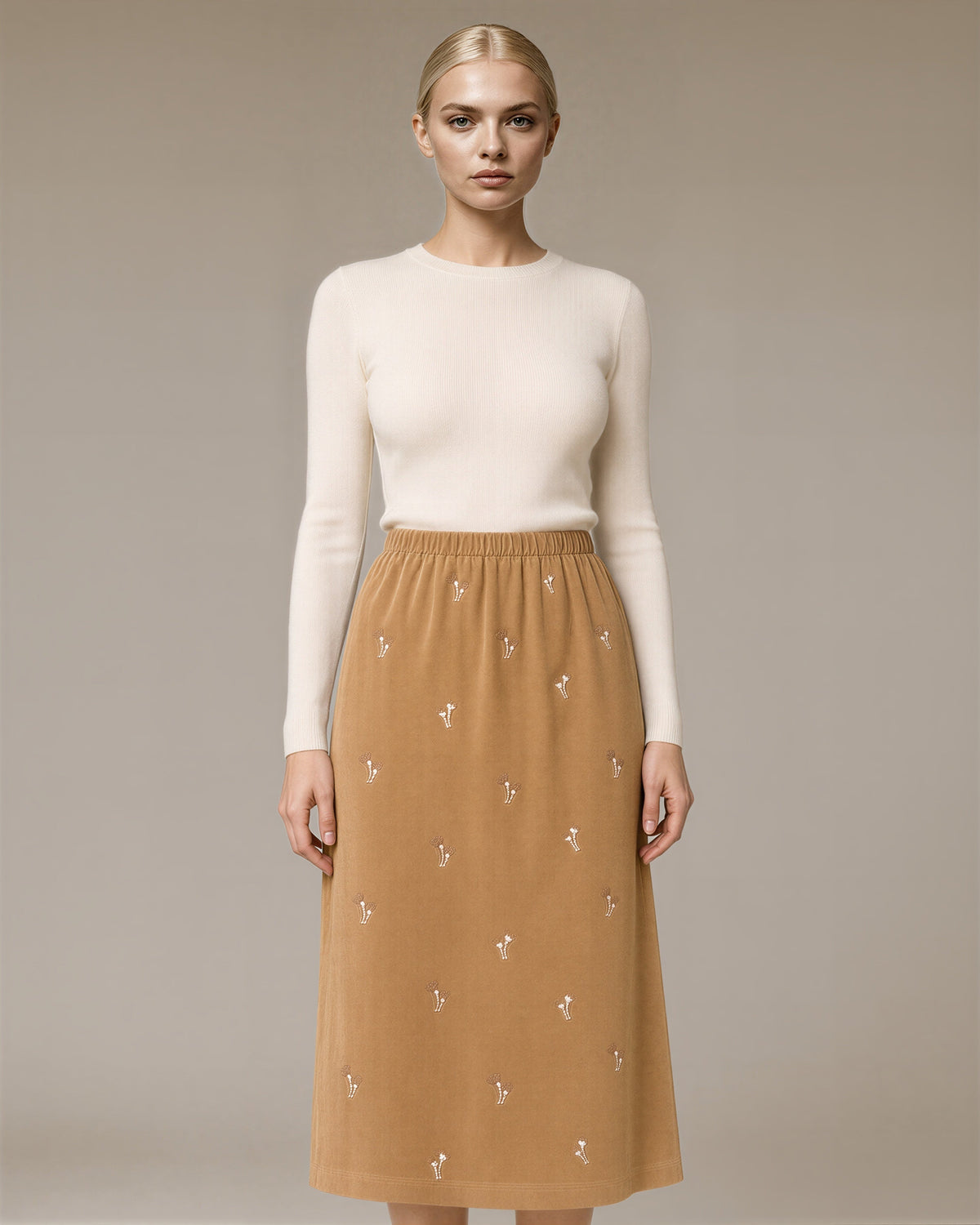 Lucia Floral Embroidered Faux Suede Midi Skirt, camel color option