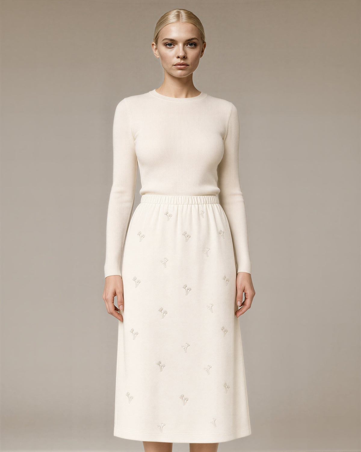 Lucia Floral Embroidered Faux Suede Midi Skirt, cream color option