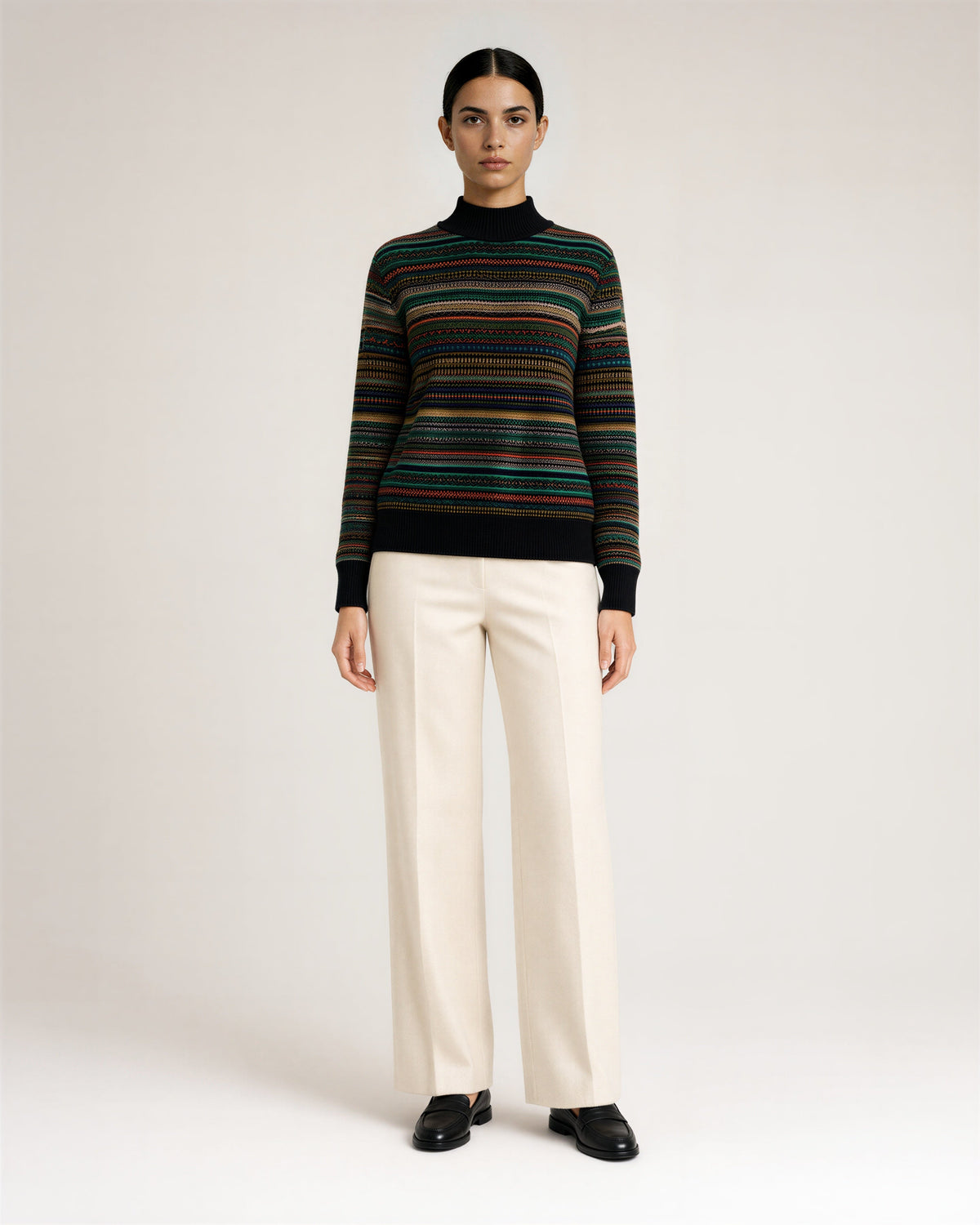 Luciana Patterned Striped Half Turtleneck Sweater, black, full length front view
