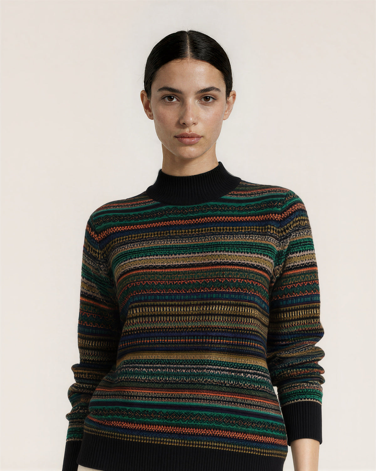 Luciana Patterned Striped Half Turtleneck Sweater, black, close up above the waist