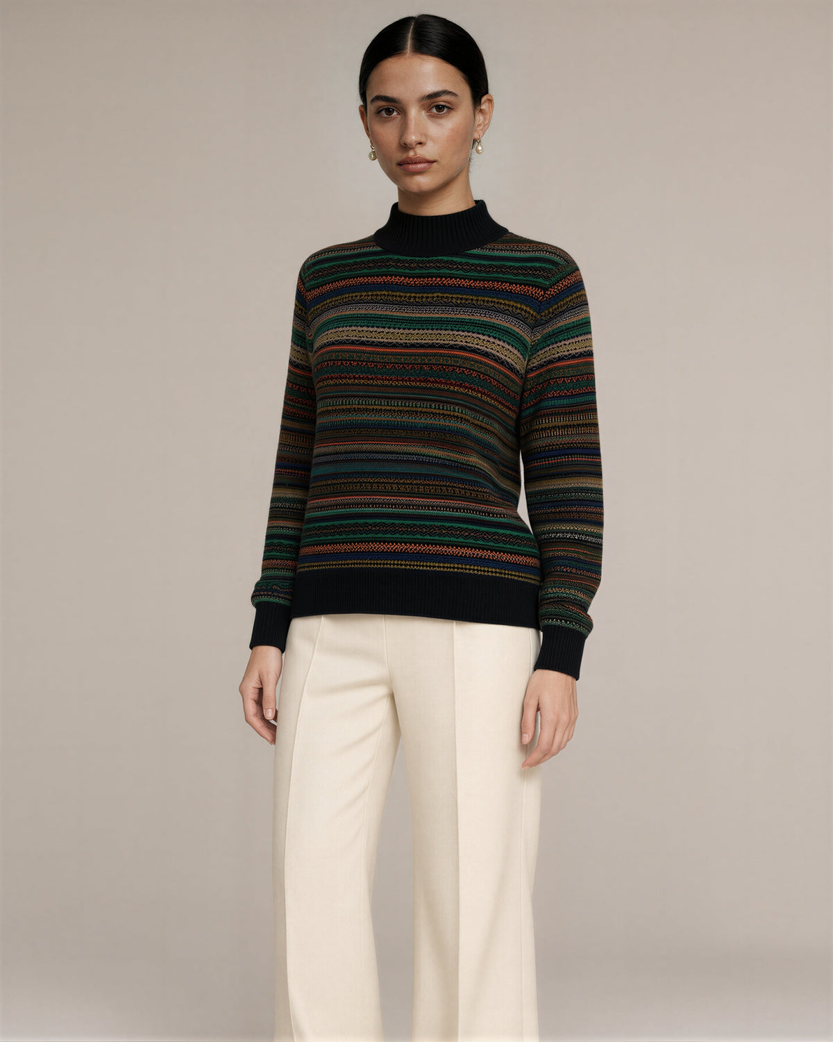 Luciana Patterned Striped Half Turtleneck Sweater, black, three quarter view