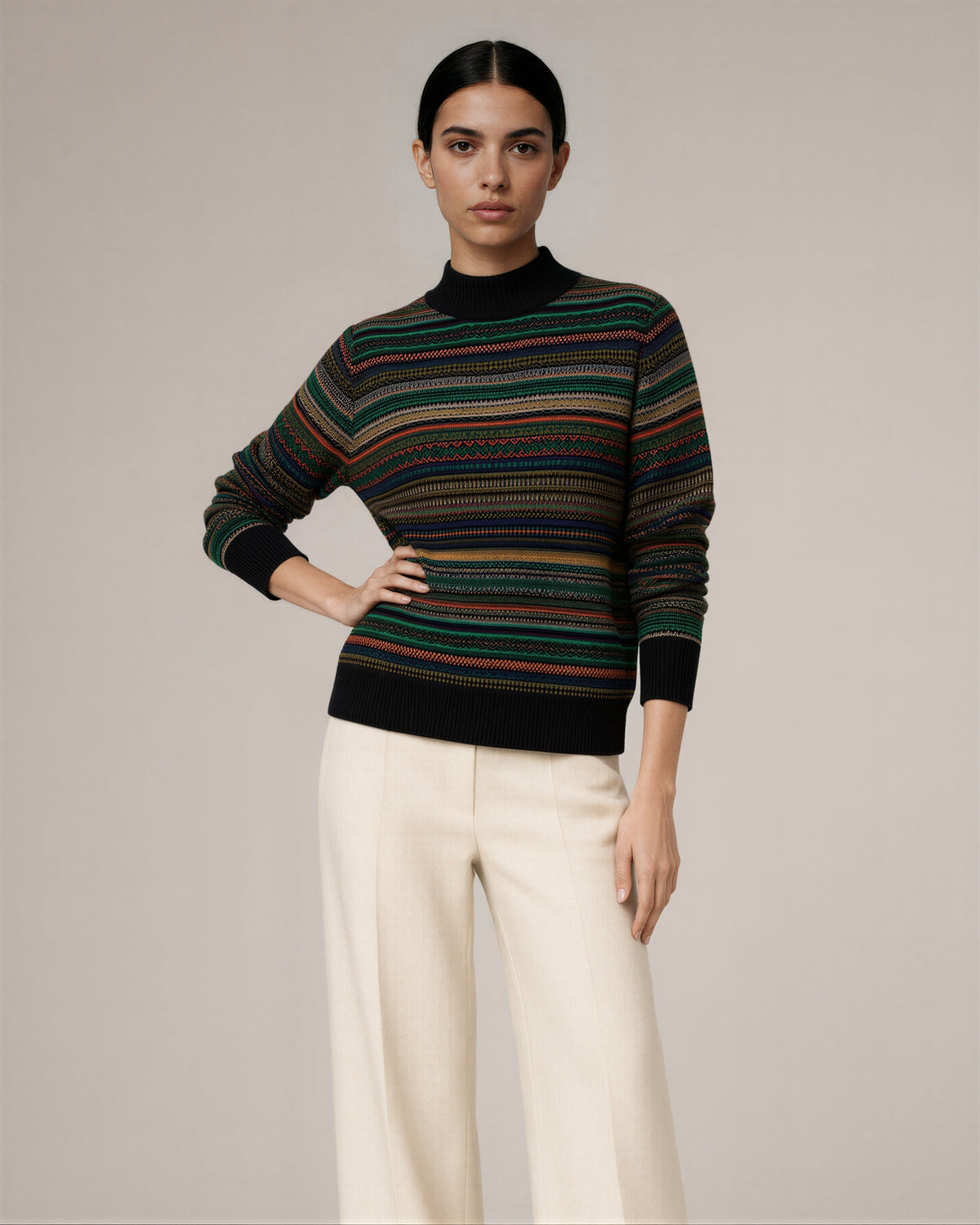 Luciana Patterned Striped Half Turtleneck Sweater, black, front, hands on the waist