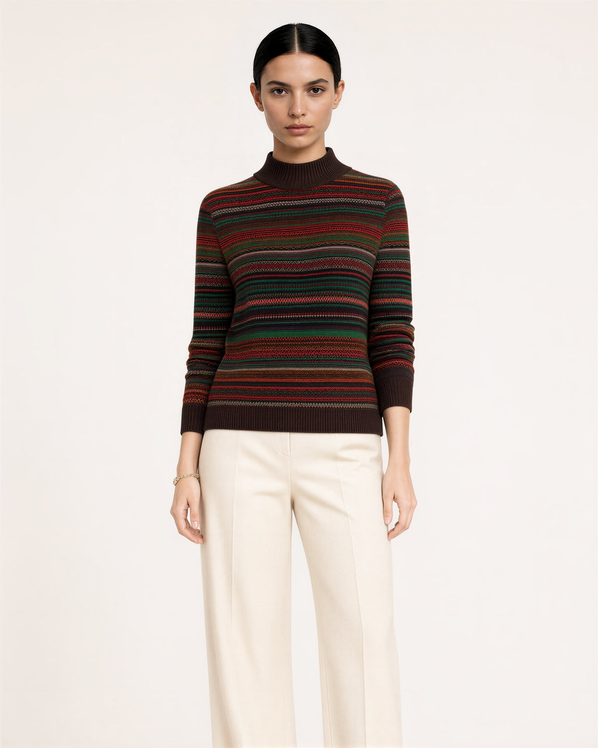 Luciana Patterned Striped Half Turtleneck Sweater, brown color option