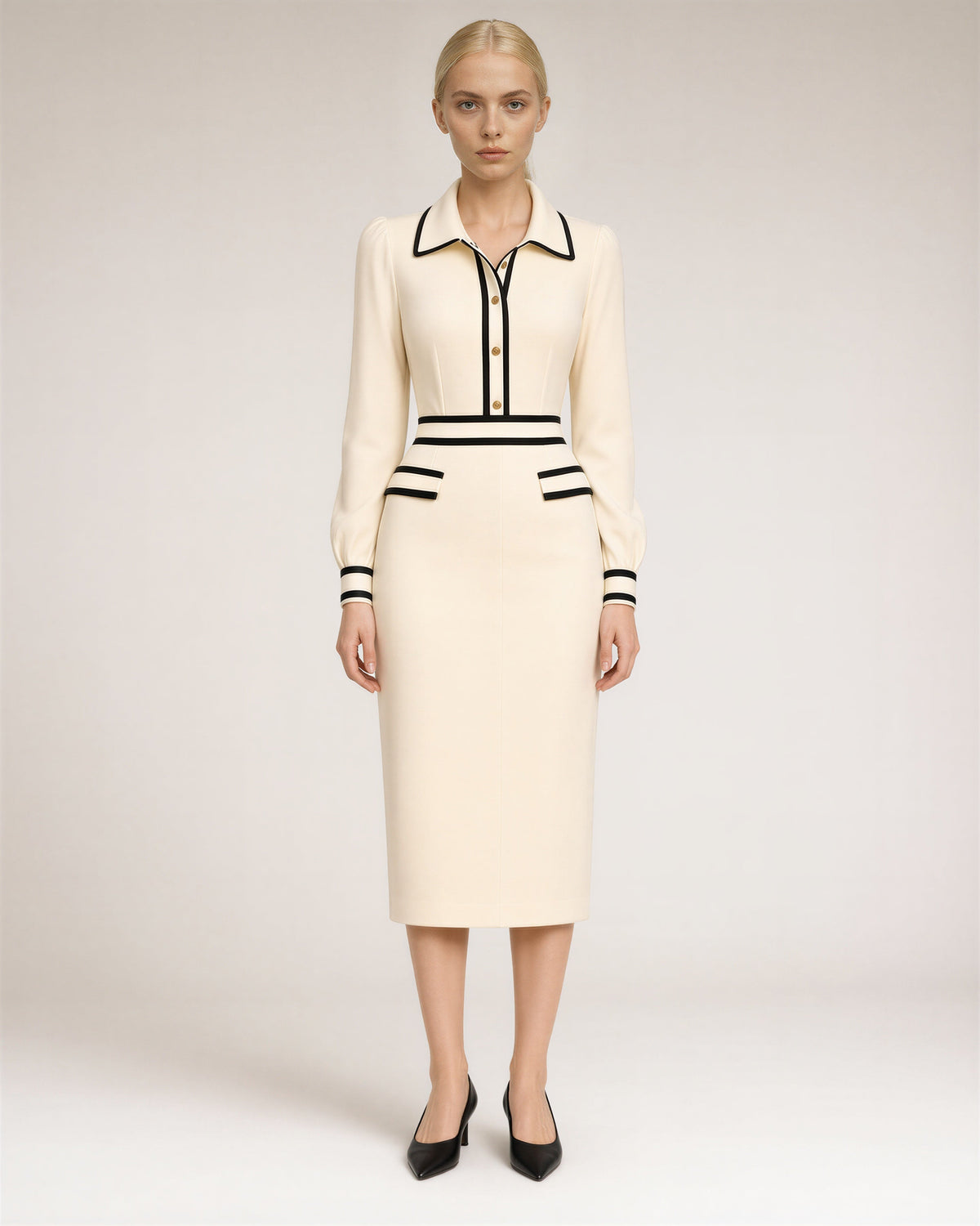 Ludovica Contrast Piped Shirt Collar Knit Dress, ivory, full length front view