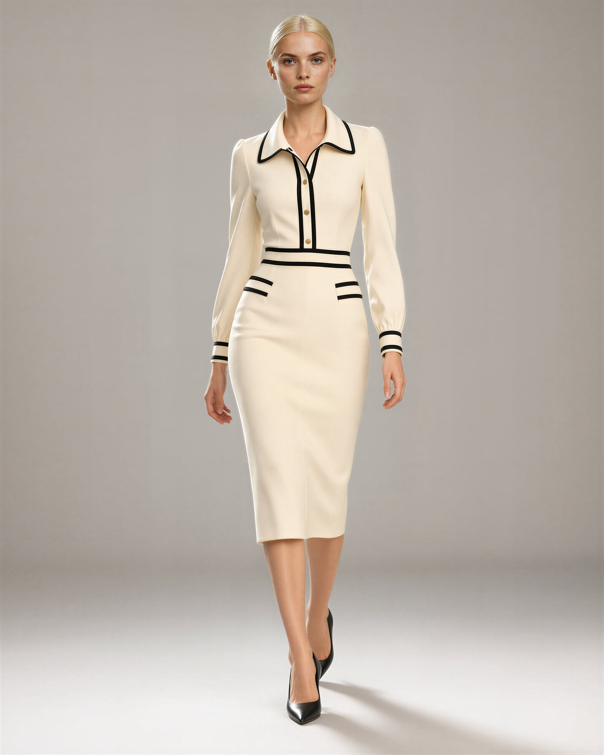 Ludovica Contrast Piped Shirt Collar Knit Dress, ivory, full length walking view