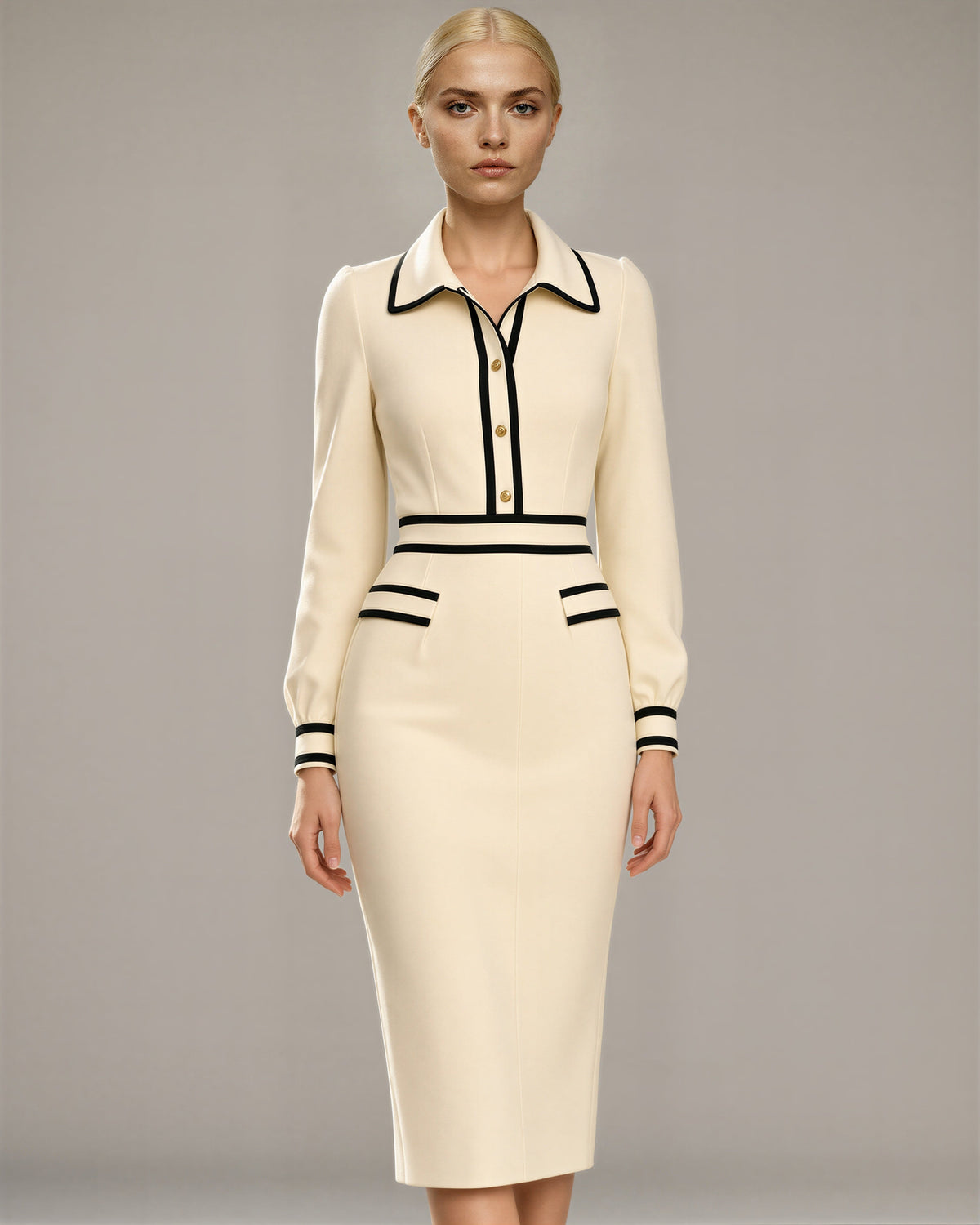 Ludovica Contrast Piped Shirt Collar Knit Dress, ivory, front view