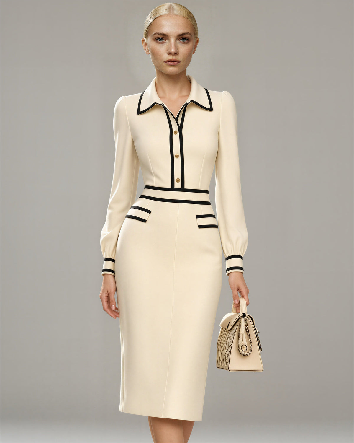 Ludovica Contrast Piped Shirt Collar Knit Dress, ivory, three quarter view