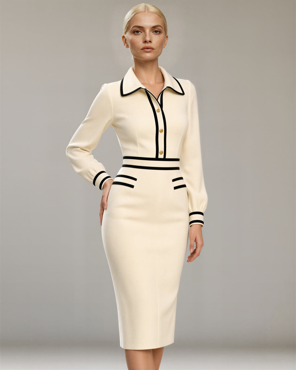 Ludovica Contrast Piped Shirt Collar Knit Dress, ivory, front, hands on the waist