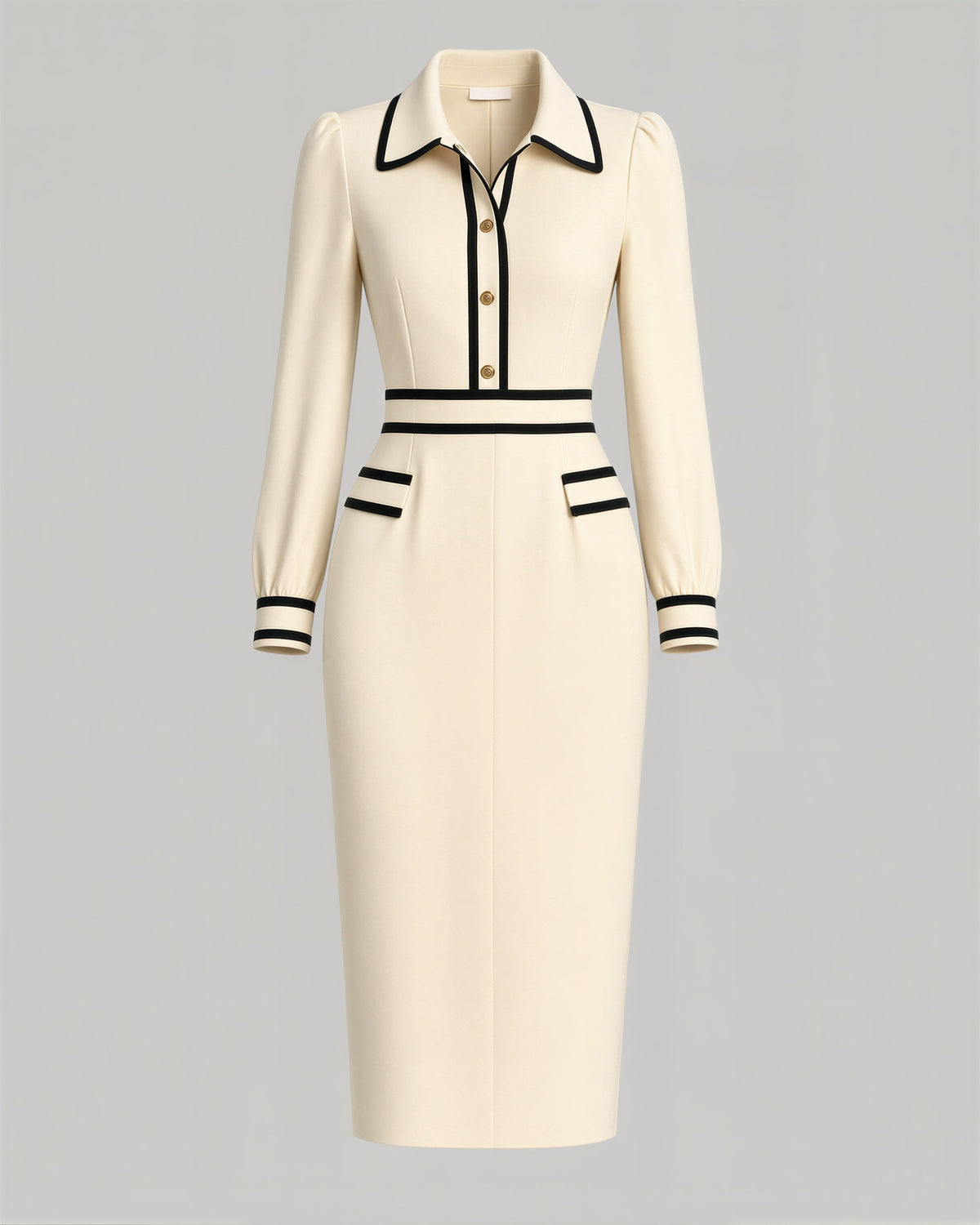 Ludovica Contrast Piped Shirt Collar Knit Dress, ivory, product view without a model