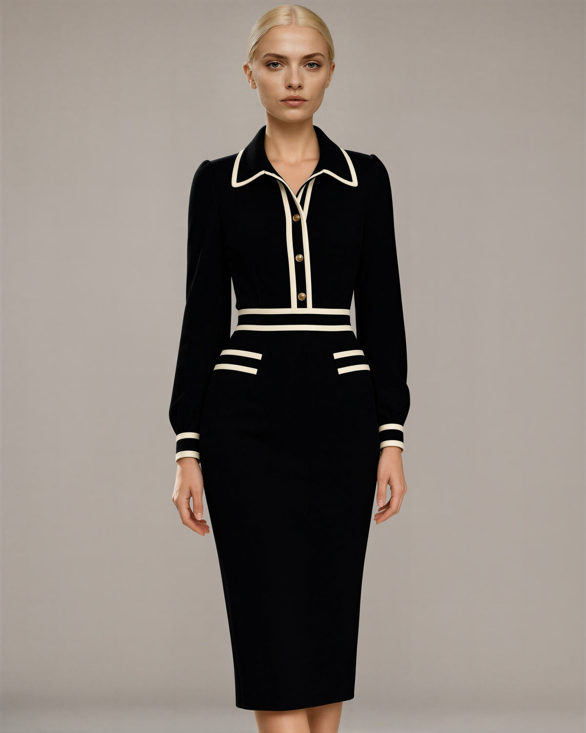 Ludovica Contrast Piped Shirt Collar Knit Dress, black color option