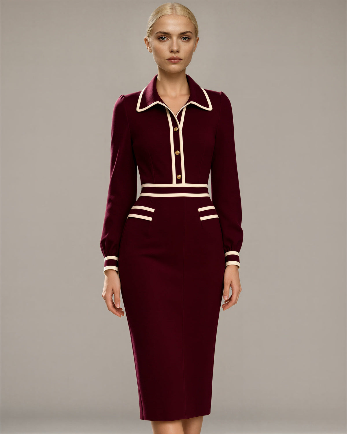 Ludovica Contrast Piped Shirt Collar Knit Dress, burgundy color option
