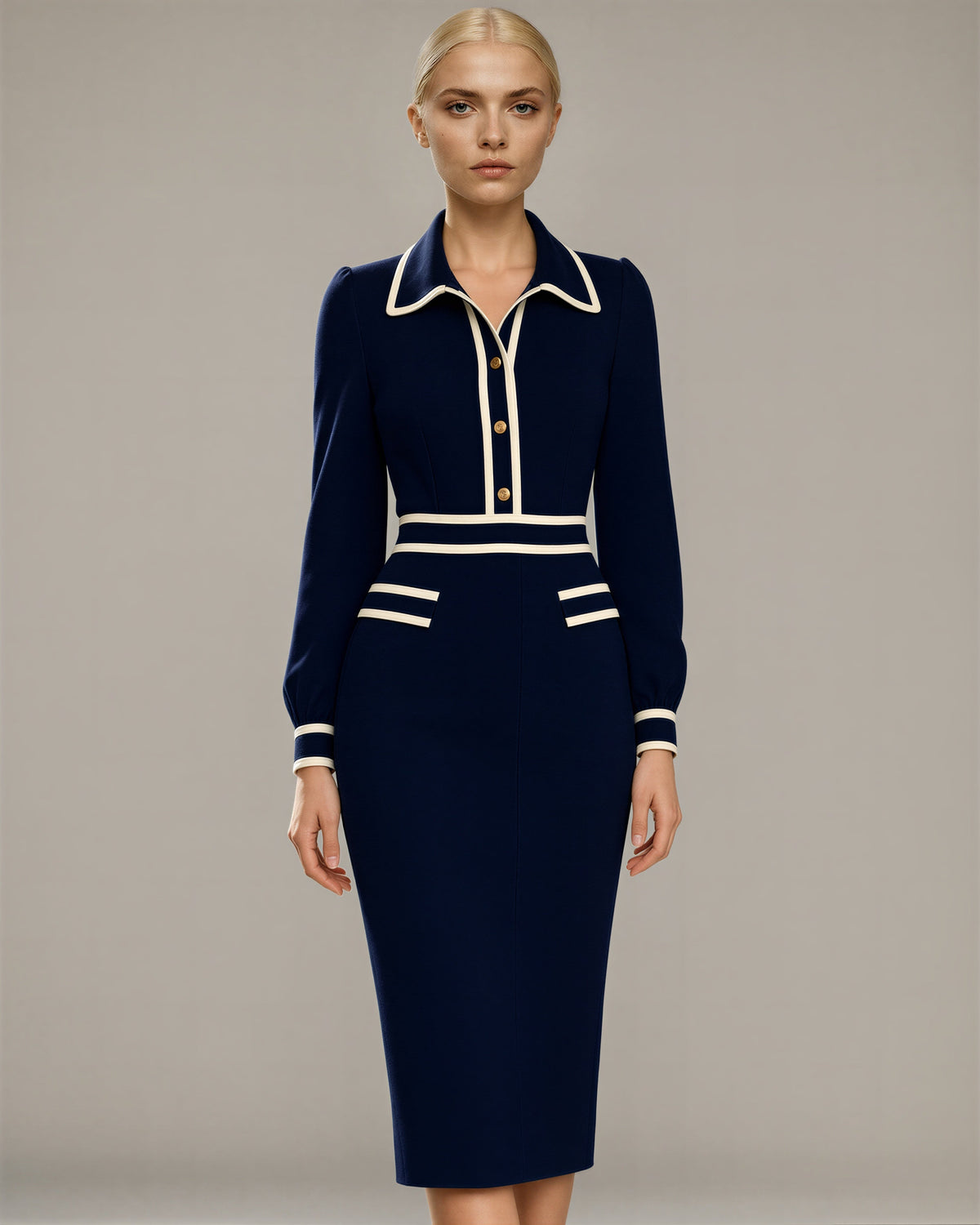 Ludovica Contrast Piped Shirt Collar Knit Dress, navy color option