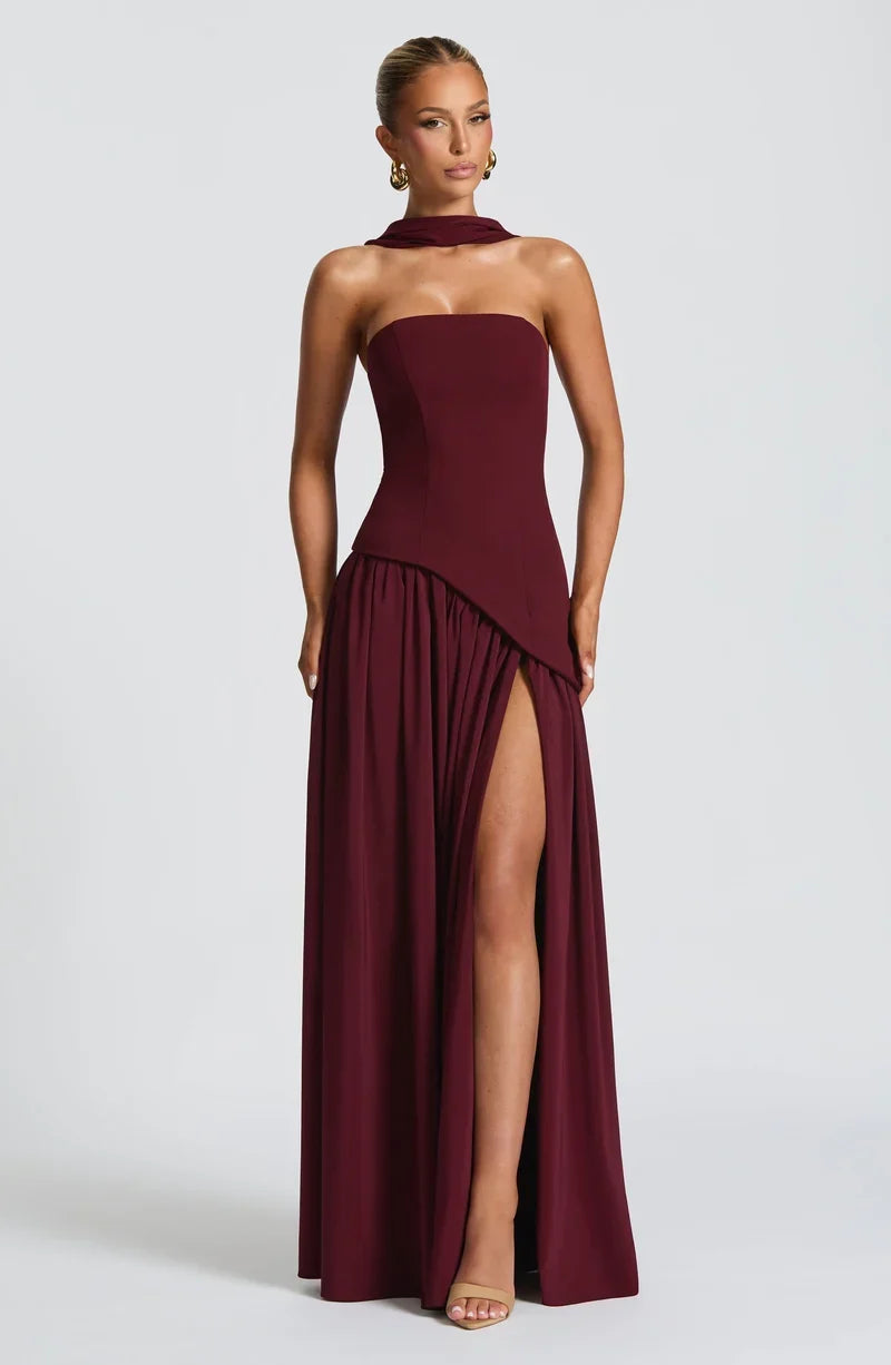 Maliyah Strapless Maxi Dress in Burgundy — Svelte Chic