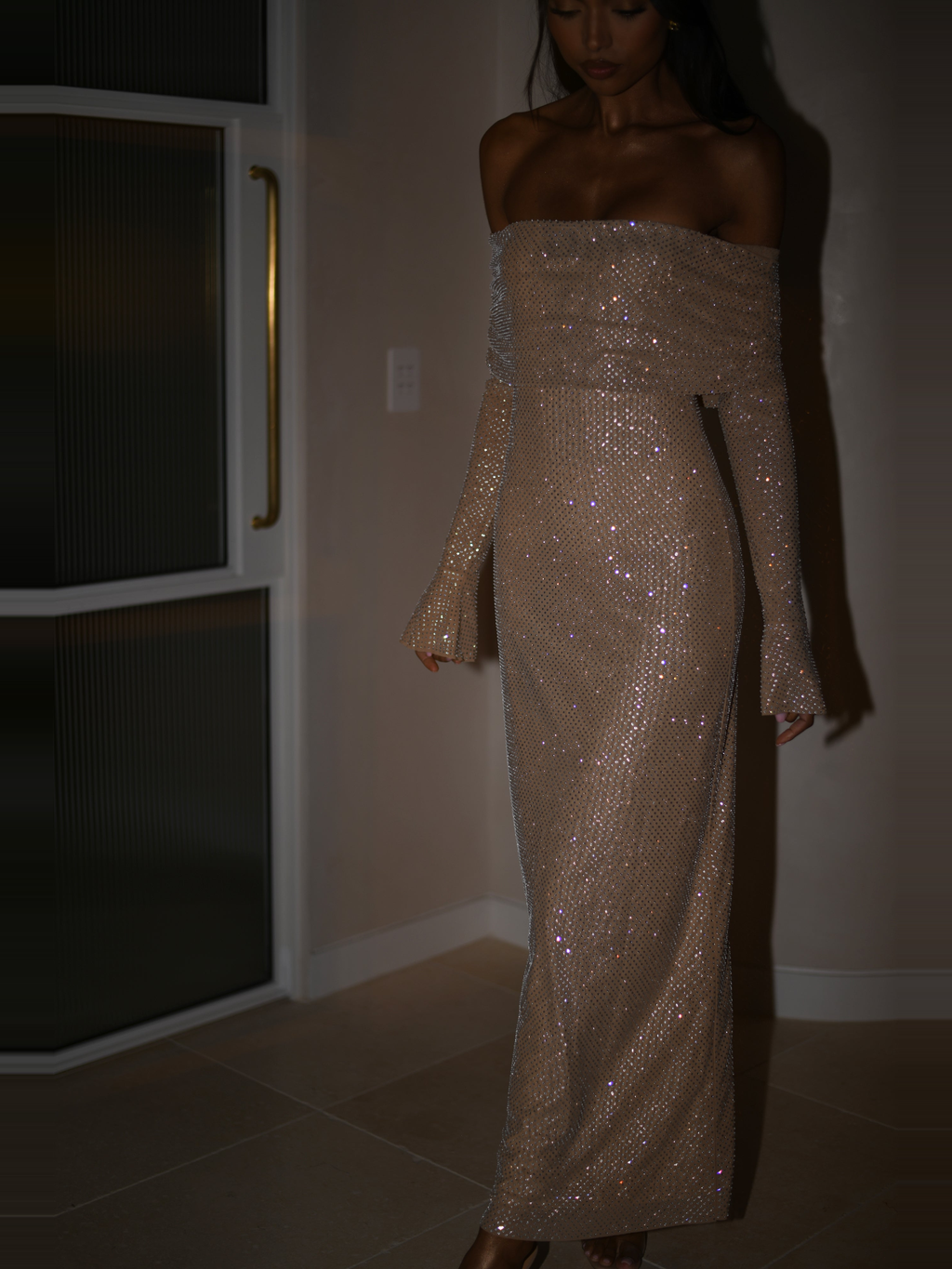 Marcel Square Neck Stone Maxi Dress in Nude — Svelte Chic