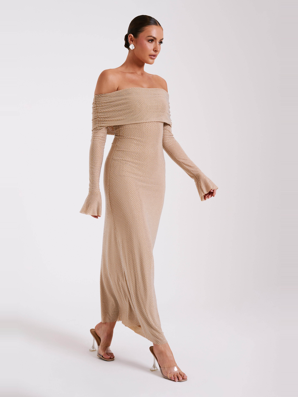 Marcel Square Neck Stone Maxi Dress in Nude — Svelte Chic