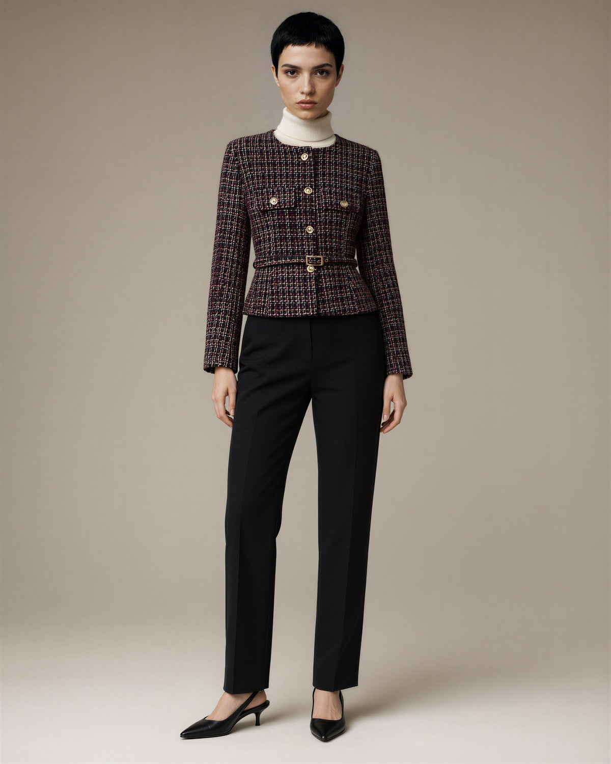 Mariella Belted Collarless Tweed Jacket, Black Burgundy, black burgundy, full length front view