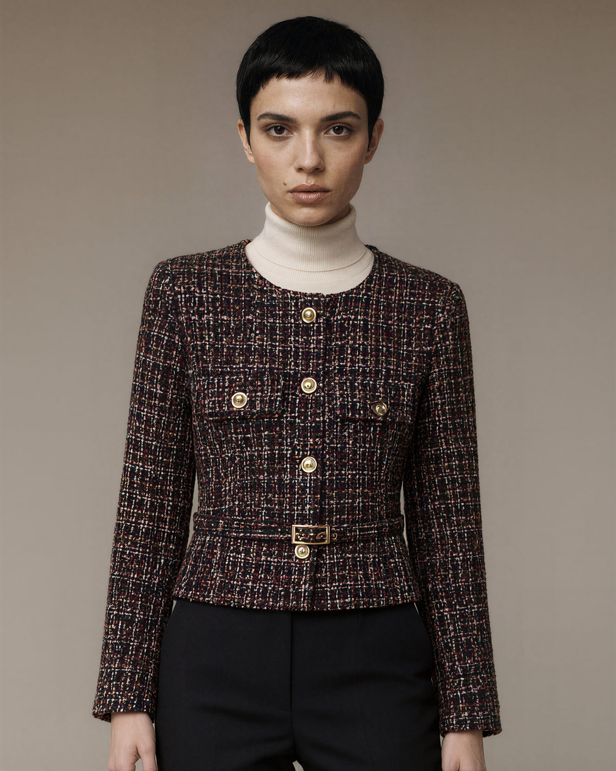 Mariella Belted Collarless Tweed Jacket, Black Burgundy, black burgundy, close up above the waist
