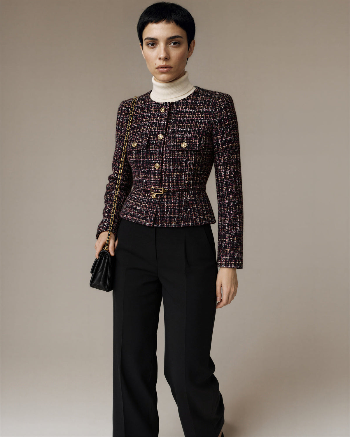 Mariella Belted Collarless Tweed Jacket, Black Burgundy, black burgundy, three quarter view