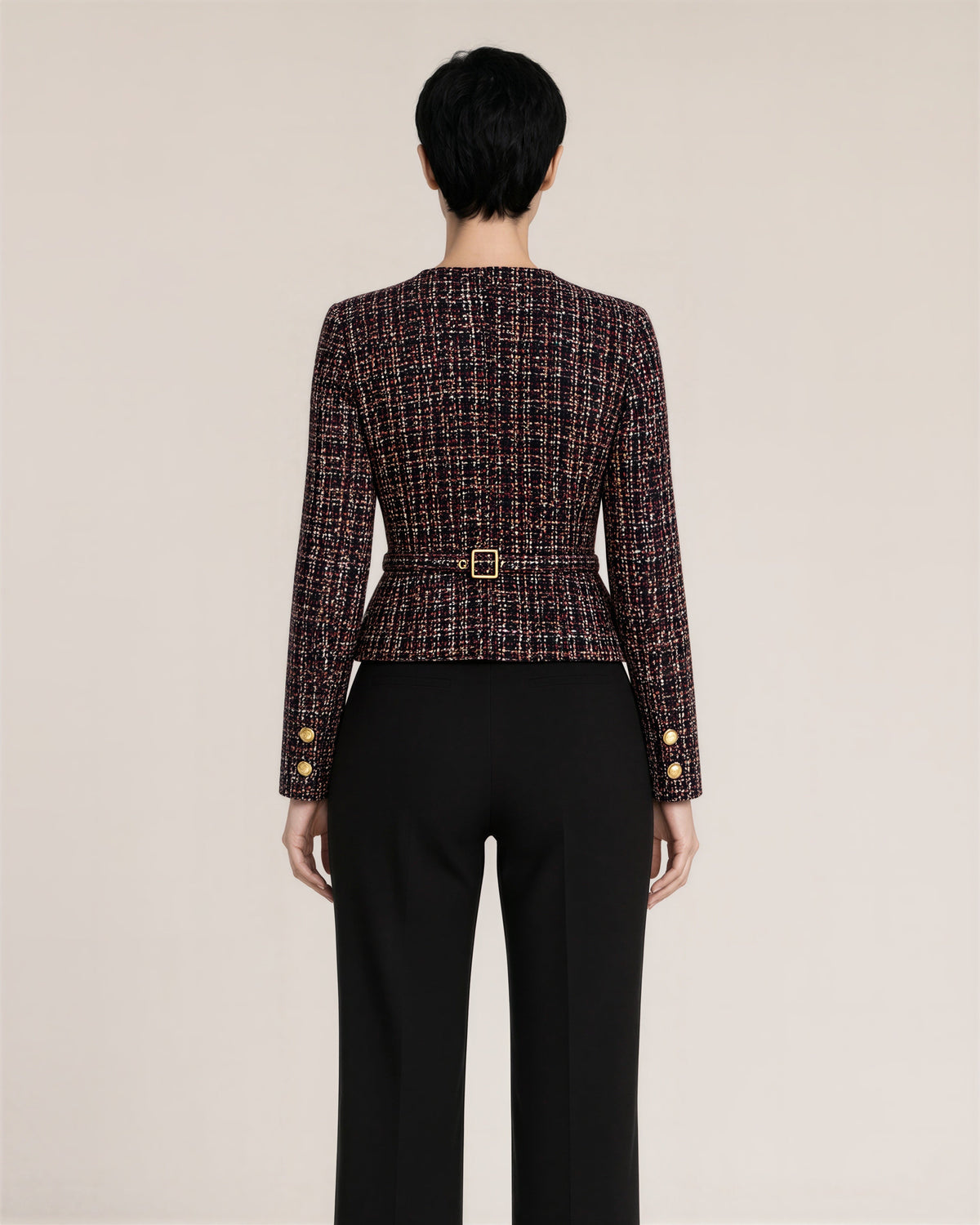 Mariella Belted Collarless Tweed Jacket, Black Burgundy, black burgundy, back view