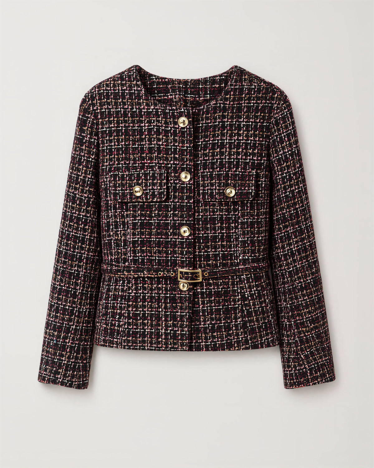 Mariella Belted Collarless Tweed Jacket, Black Burgundy, black burgundy, product view without a model