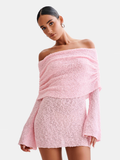 Marisol Off Shoulder Bouclé Mini Dress in Baby Pink — Svelte Chic