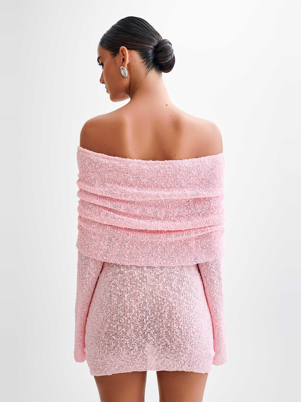 Marisol Off Shoulder Bouclé Mini Dress in Baby Pink — Svelte Chic
