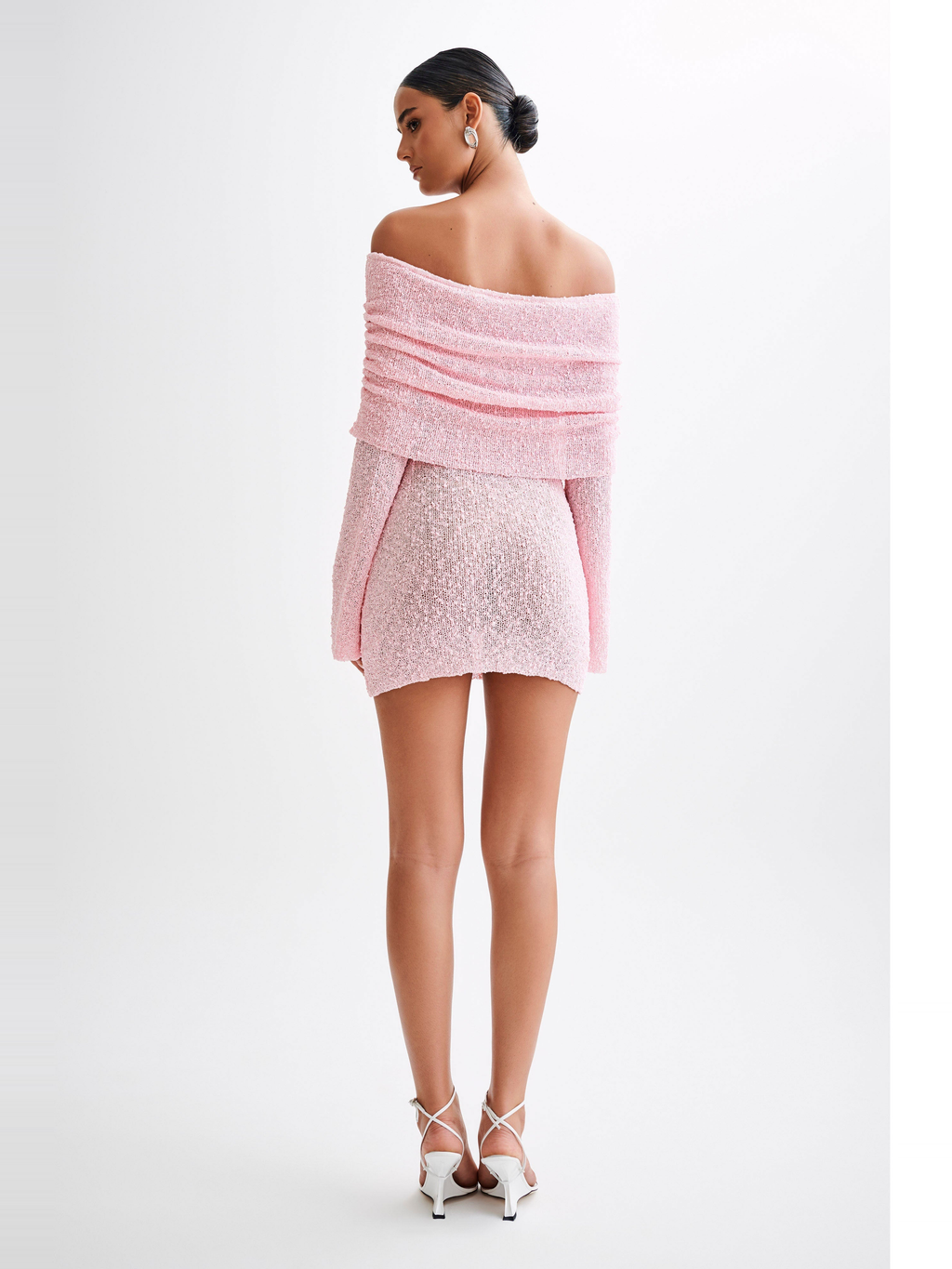 Marisol Off Shoulder Bouclé Mini Dress in Baby Pink — Svelte Chic