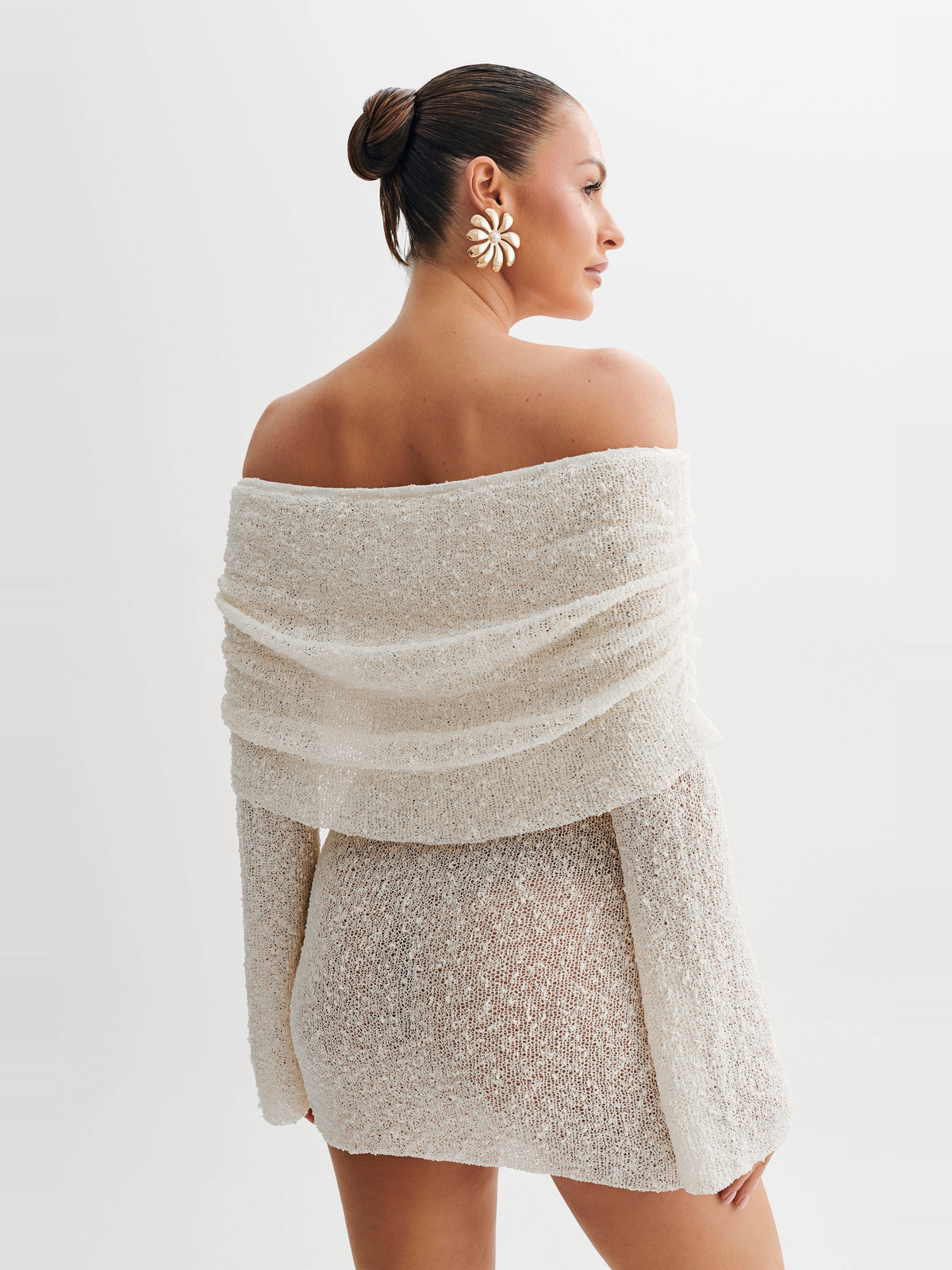 Marisol Off Shoulder Bouclé Mini Dress in Cream — Svelte Chic