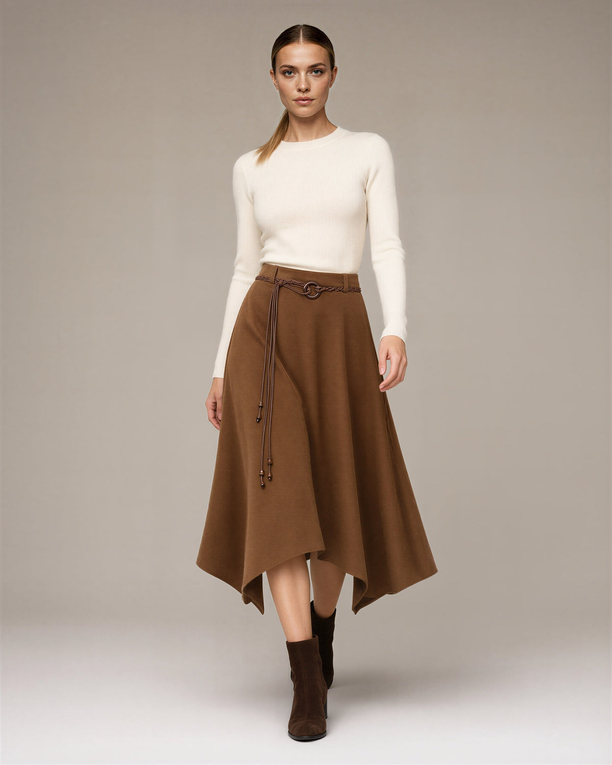 Marzia Cord Belt Faux Suede Handkerchief Skirt, camel, full length walking view