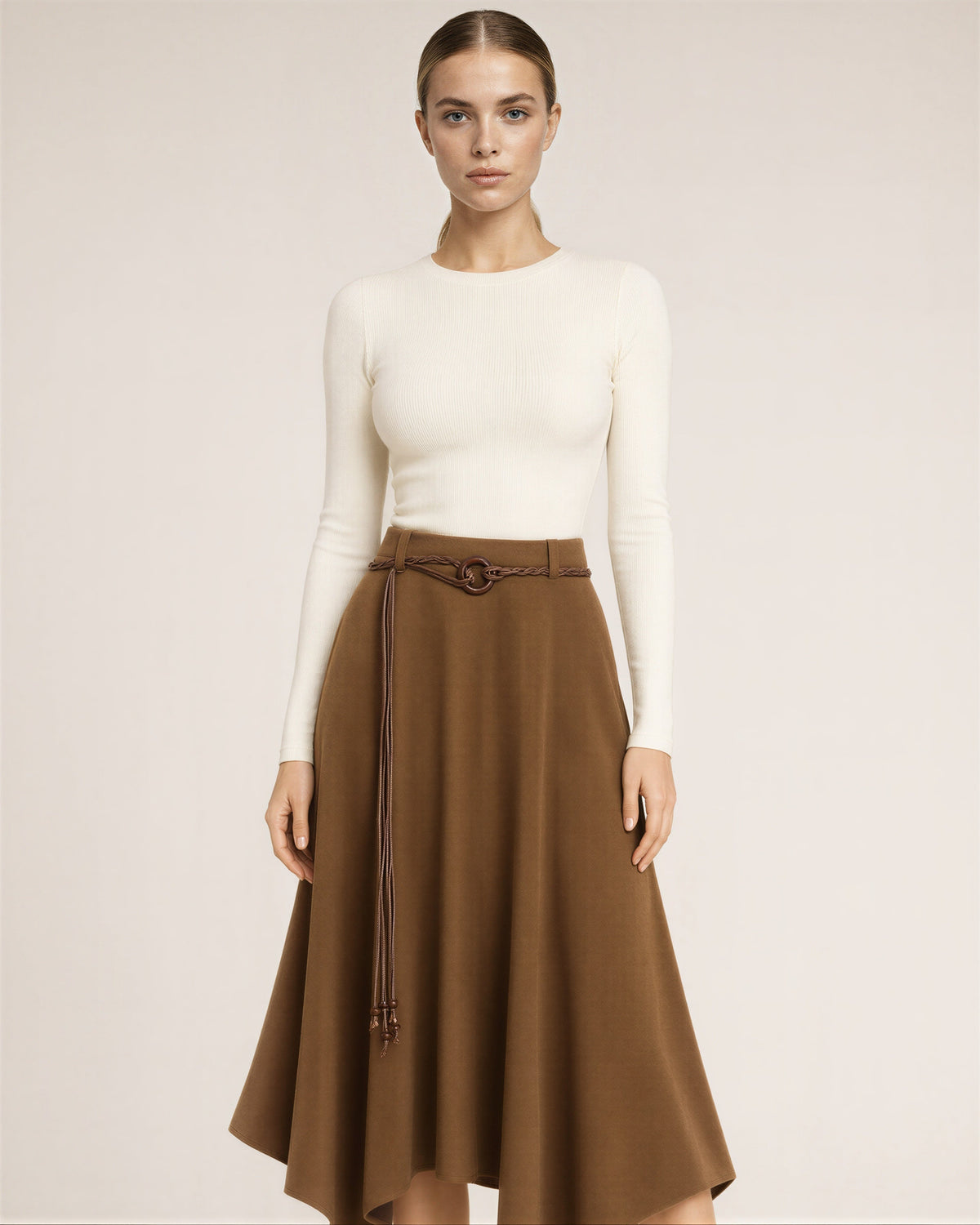Marzia Cord Belt Faux Suede Handkerchief Skirt, camel, front view