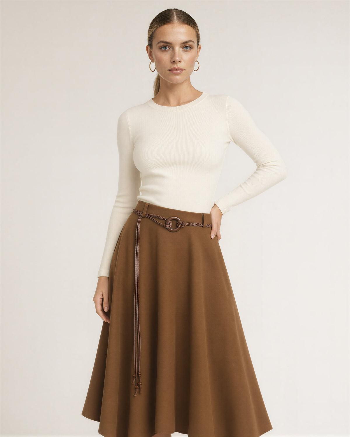 Marzia Cord Belt Faux Suede Handkerchief Skirt, camel, front, hands on the waist